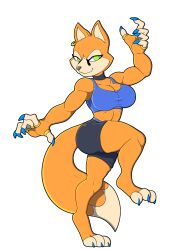  anthro big_breasts big_tail blue_nails bottomwear bra breasts brutal_paws_of_fury canid canine clothing colored_nails crop_top curvy_figure ear_piercing ear_ring eyelashes female fox foxy_roxy fur green_eyes hi_res hindpaw mammal meatboom nails orange_body orange_fur paws piercing pose ring_piercing shirt shorts smile smirk solo sports_bra sportswear tail topwear underwear 