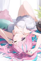  aqua_hair aqua_nails bare_arms bare_legs barefoot blush breasts collarbone commentary_request curtains female fingernails hair_flowing_over highres hololive indoors knees_up large_breasts long_hair looking_at_viewer lying minato_aqua multicolored_hair nail_polish neko_(minato_aqua) nel_dcm nightgown on_back one_eye_closed open_mouth panties pillow pink_eyes pink_hair pink_panties pink_pillow plant rubbing_eyes solo streaked_hair thighs two-tone_hair underwear virtual_youtuber white_nightgown 