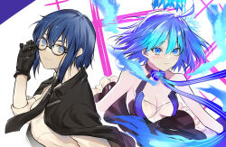  2girls black_dress black_gloves black_necktie blue_eyes blue_hair blush breasts c.i.e.l_(fate) ciel_(tsukihime) cleavage clothing_cutout dainatsu dress fate/grand_order fate_(series) glasses gloves gradient_hair hand_up highres jacket jacket_on_shoulders long_sleeves looking_at_viewer medium_breasts multicolored_hair multiple_girls multiple_views necktie shirt short_hair sleeveless sleeveless_dress smile tsukihime upper_body white_shirt 