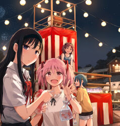  4girls akemi_homura black_hair black_hairband blue_eyes blue_hair blush collared_shirt commentary_request eyelashes fireworks fish food goldfish hair_ribbon hairband half-closed_eyes happy highres kaname_madoka long_hair looking_at_viewer mahou_shoujo_madoka_magica mahou_shoujo_madoka_magica_(anime) miki_sayaka multiple_girls neck_ribbon night night_sky open_mouth outdoors pink_eyes pink_hair profile purple_eyes red_eyes red_hair red_ribbon ribbon ryuunosuke_(luckyneco) sakura_kyoko school_uniform shaved_ice shirt short_hair short_twintails shorts sky smile star_(sky) starry_sky summer_festival sweatdrop t-shirt tank_top twintails waving yellow_shirt 