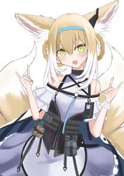  :d absurdres alice_gear ammunition_pouch animal_ear_fluff animal_ears aqua_hairband arknights bad_id bad_pixiv_id badge blonde_hair blue_hairband blush cloak double_fox_shadow_puppet dress earpiece female fox_ears fox_girl fox_shadow_puppet fox_tail frilled_dress frills green_eyes hair_between_eyes hair_rings hairband highres infection_monitor_(arknights) load_bearing_equipment looking_at_viewer multicolored_hair multiple_tails off_shoulder open_mouth pouch sidelocks single_wrist_cuff smile solo suzuran_(arknights) tactical_clothes tail tukinoyuki_glass white_background white_hair wrist_cuffs 