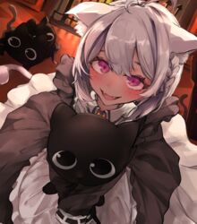  absurdres animal animal_ear_fluff animal_ears apron black_cat black_dress blush braid cat_ears cat_girl cat_tail dress fangs feline female frilled_apron frills grey_hair highres holding holding_animal holding_cat long_sleeves looking_at_viewer maid maid_apron matsukai_mao matsukai_mao_(2nd_costume) nijisanji open_mouth purple_eyes short_hair sleeves_past_fingers sleeves_past_wrists smile solo tail virtual_youtuber white_apron yukirei 