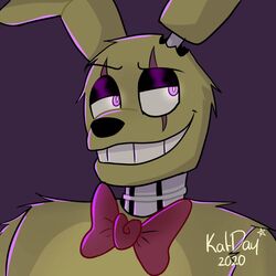  1:1 2020 animatronic anthro black_nose bow_tie bust_portrait close-up five_nights_at_freddy&#039;s five_nights_at_freddy&#039;s_3 fur half-closed_eyes katdaykatz lagomorph leporid long_ears looking_aside looking_away machine male mammal multicolored_body multicolored_fur narrowed_eyes portrait purple_background purple_eyes rabbit robot scar scottgames simple_background smile smug solo springtrap_(fnaf) tan_body tan_ears tan_fur teeth two_tone_body two_tone_fur 