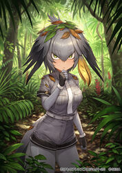  belt bird_tail bird_wings black_gloves black_hair blonde_hair closed_mouth collared_shirt commentary_request cowboy_shot elbow_gloves epaulettes female fingerless_gloves forest gloves green_eyes grey_gloves grey_hair grey_pantyhose grey_shirt grey_shorts guchico hair_tie head_wings kemono_friends kemono_friends_3 leaf leaf_on_head multicolored_hair nature necktie official_art pantyhose revision shirt shoebill_(kemono_friends) short_hair short_sleeves shorts solo tail translated tree uniform white_necktie wings 