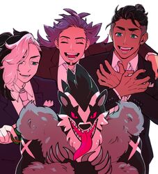  3boys :d alternate_costume arm_over_shoulder black_hair black_jacket brown_jacket closed_eyes collared_shirt commentary crossed_wrists dusk_ball earrings eyelashes green_eyes half-closed_eyes highres holding holding_poke_ball jacket jewelry leon_(pokemon) male_focus multicolored_hair multiple_boys necktie obstagoon open_mouth osg_pk piers_(pokemon) pink_necktie poke_ball pokemon pokemon_(creature) pokemon_swsh purple_hair raihan_(pokemon) shirt smile teeth tongue two-tone_hair undercut white_hair white_shirt x_arms 