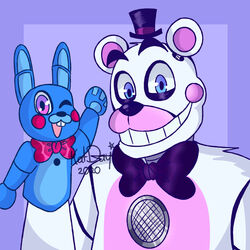  1:1 2020 :d ambiguous_gender animatronic anthro bear big_bow_tie black_nose blue_body blue_ears blue_eyes bow_tie buckteeth close-up clothing duo five_nights_at_freddy&#039;s funtime_freddy_(fnafsl) fur glistening glistening_eyes half-closed_eyes hand_puppet hat headgear headwear hi_res katdaykatz lagomorph leporid machine male mammal multicolored_body multicolored_ears narrowed_eyes one_eye_closed open_mouth pink_body pink_ears pose puppet puppet_bonnie_(fnafsl) purple_background purple_eyes rabbit raised_arm robot rosy_cheeks round_ears scottgames short_ears simple_background sister_location size_difference smile teeth top_hat two_tone_body two_tone_ears white_body white_ears white_fur 