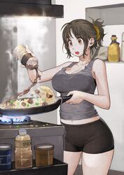  bare_arms bare_shoulders black_hair black_legwear black_shorts breasts brown_eyes cleavage commentary cooking female flipping_food food fried_rice frying_pan glutton grey_shirt hair_ornament hair_scrunchie highres holding holding_frying_pan indoors jun_(navigavi) kitchen large_breasts navel open_mouth original ponytail pouring scrunchie shirt short_hair short_ponytail short_shorts shorts solo standing sweat tank_top thighs 