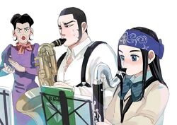  1boy 2girls asirpa baritone_saxophone bass_clarinet black_hair blue_eyes blue_headband bow buzz_cut chest_hair clapping commentary_request dress facial_hair golden_kamuy headband higashino highres instrument long_hair multiple_girls music music_stand playing_instrument purple_dress shirt short_hair sideburns simple_background sitting standing stubble suspenders sweat tanigaki_genjirou very_short_hair white_background white_shirt yamada_fumie 