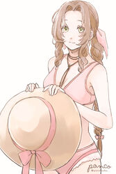  aerith_gainsborough ancotsubu bare_arms bikini bow braid braided_ponytail breasts choker commentary female final_fantasy final_fantasy_vii final_fantasy_vii_remake green_eyes hair_ribbon hat hat_bow holding holding_clothes holding_hat long_hair medium_breasts parted_bangs pink_bikini protected_link ribbon sidelocks smile solo sun_hat swimsuit symbol-only_commentary unworn_hat unworn_headwear upper_body wavy_hair white_background 