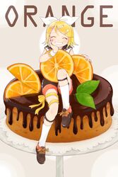  black_sailor_collar black_shorts blonde_hair bow cake cake_stand chocolate closed_eyes facing_viewer female food fork fork_hair_ornament fruit full_body grin hair_ornament hairbow hairclip hand_on_own_cheek hand_on_own_face highres kagamine_rin knee_up kneehighs leaf leg_ribbon mint orange_(fruit) orange_slice oversized_food oversized_object raputsue ribbon sailor_collar shirt short_hair shorts sitting smile socks solo spoon spoon_hair_ornament swept_bangs thigh_ribbon vocaloid white_bow white_shirt wrist_cuffs yellow_ribbon 