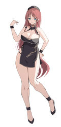  absurdres alternate_costume amisu bare_shoulders black_dress blue_eyes breasts chinese_clothes cleavage dress female full_body hand_on_own_hip hat highres hong_meiling jewelry large_breasts long_hair looking_at_viewer red_hair side_slit simple_background smile solo standing touhou very_long_hair white_background wristband 