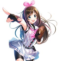  :d baseball_mitt bike_shorts black_gloves black_shorts blue_eyes bow bow_hairband brown_hair cinderella_series collared_shirt cowboy_shot female fingerless_gloves floating_hair gloves hachigatsu_no_cinderella_nine hairband hairbow highres index_finger_raised kizuna_ai kizuna_ai_inc. long_hair looking_at_viewer miniskirt multicolored_hair neckerchief nyanmaru official_art open_mouth outstretched_arm pink_bow pink_hairband pink_neckerchief plaid plaid_skirt sailor_collar sailor_shirt shirt short_shorts short_sleeves shorts shorts_under_skirt simple_background skirt smile solo sportswear standing streaked_hair striped_clothes striped_shirt vertical-striped_clothes vertical-striped_shirt very_long_hair virtual_youtuber white_background white_shirt white_skirt 