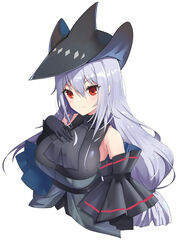  absurdres arknights ascot bare_shoulders black_ascot black_gloves black_headwear blush breasts closed_mouth cropped_torso detached_sleeves female gloves goldbaka grey_hair hand_on_own_chest highres large_breasts long_hair looking_at_viewer low_ponytail red_eyes simple_background skadi_(arknights) skadi_(elite_ii)_(arknights) smile solo underbust upper_body very_long_hair white_background 