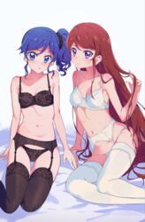  2girls aikatsu! aikatsu!_(series) black_bra black_legwear black_panties black_scrunchie blue_eyes blue_hair bra breasts brown_hair closed_mouth commentary garter_belt hair_ornament hair_scrunchie hand_in_own_hair highres kiriya_aoi lace lace_bra lace_panties leaning_to_the_side light_frown lingerie long_hair looking_at_viewer medium_breasts medium_hair multiple_girls navel on_bed panties parted_lips purple_eyes scrunchie shibuki_ran side_ponytail sitting skindentation small_breasts string_panties swept_bangs thigh_gap thighhighs underwear underwear_only very_long_hair white_bra white_legwear white_panties yamamura_saki yokozuwari 