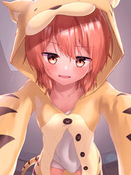  absurdres animal_costume animal_print blush brown_eyes commentary_request female from_below hair_between_eyes highres indoors koito_yuu looking_at_viewer looking_down medium_hair nowoka open_mouth orange_hair pajamas solo tail tiger_costume tiger_print tiger_tail yagate_kimi_ni_naru 