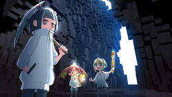  &gt;_&lt; 3d_background 3girls :d amano_pikamee bad_link black_hair black_hairband black_legwear black_shorts blonde_hair blue_shorts bright_pupils closed_eyes covered_mouth fangs golden_sword green_eyes green_hair gyari_(imagesdawn) hair_between_eyes hairband hand_in_pocket high_collar hikasa_tomoshika holding holding_sword holding_weapon hood hood_down hoodie jacket jitomi_monoe long_sleeves looking_at_viewer magnet minecraft mixed_media multicolored_hair multiple_girls off-shoulder_shirt off_shoulder official_art open_mouth pantyhose pickaxe puffy_long_sleeves puffy_sleeves red_eyes red_hair sharp_teeth shirt short_eyebrows short_shorts short_sleeves shorts sleeves_past_wrists smile standing sword teeth thick_eyebrows torch two-tone_hair virtual_youtuber voms wavy_mouth weapon white_hoodie white_jacket white_pupils white_shirt wide_sleeves zipper_pull_tab 