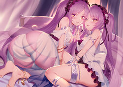  2girls anklet armlet ass bare_shoulders barefoot bed blush bracelet breasts choker collarbone commentary_request curtains dress euryale_(fate) euryale_(third_ascension)_(fate) fate/grand_order fate/hollow_ataraxia fate_(series) frilled_hairband frills hairband highres holding_hands jewelry long_hair looking_at_viewer m-da_s-tarou multiple_girls neck_ring on_bed open_mouth orange_eyes parted_bangs parted_lips petite pillow purple_hair ring siblings sidelocks sisters sitting slit_pupils small_breasts smile stheno_(fate) stheno_(third_ascension)_(fate) thighlet twintails very_long_hair white_dress 