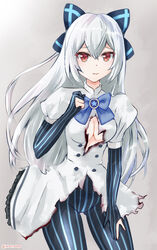  black_bow black_pantyhose blue_bow blue_stripes blush bow bowtie breasts burnt_clothes buttons cleavage closed_mouth commentary_request cowboy_shot dress elbow_gloves eyelashes female frilled_dress frills girls&#039;_frontline gloves grey_background hairbow hand_on_own_chest hand_on_own_thigh hand_up highres juliet_sleeves long_hair long_sleeves no_bra pantyhose partially_fingerless_gloves puffy_sleeves rasen_manga red_eyes short_sleeves small_breasts solo striped_bow striped_clothes striped_gloves striped_pantyhose tokarev_(girls&#039;_frontline) torn_clothes tsurime twitter_username vertical-striped_clothes vertical-striped_gloves vertical-striped_pantyhose very_long_hair white_dress white_hair 