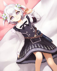  :3 armband azur_lane belt black_dress black_ribbon brown_belt buttons closed_mouth crumbles dot_nose double-breasted dress female fingernails flower from_above hair_flower hair_ornament hand_up highres lolicon long_sleeves looking_at_viewer lying medium_hair official_alternate_costume on_back purple_eyes ribbon shirt solo topknot torpedo two_side_up u-110_(a_cute_sharky_reverie)_(azur_lane) u-110_(azur_lane) variant_set white_flower white_hair white_shirt 