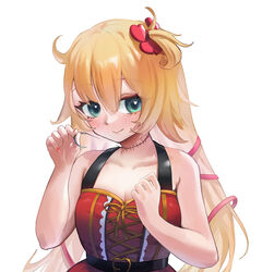  akai_haato akai_haato_(gothic_lolita) aqua_eyes blonde_hair blush breasts cleavage clenched_hand collarbone commentary dress english_commentary eyelashes female grenouilll hair_ornament hair_ribbon heart heart_hair_ornament heart_in_eye highres hololive long_hair looking_at_viewer medium_breasts official_alternate_costume one_side_up red_dress red_nails ribbon simple_background smile solo stitched_neck stitches symbol_in_eye upper_body virtual_youtuber white_background 