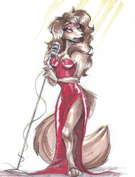  2021 4_toes anthro artist_name barefoot breasts brown_body brown_fur brown_hair brown_tail canid canine canis cleavage clothed clothing dated domestic_dog dress electronics eyebrows eyelashes eyeshadow feet female fluffy fluffy_tail fur glistening glistening_clothing glistening_dress guide_lines hair holding_microphone holding_object hunting_dog long_hair looking_aside makeup mammal microphone microphone_stand microphone_wire open_mouth pen_(artwork) red_clothing red_dress saluki shoulderless_dress sighthound simple_background singer slit_dress solo split_dress standing stray-sketches tail toes traditional_media_(artwork) white_background wired_microphone 