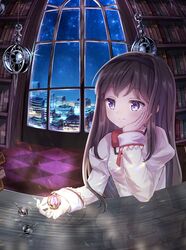  akemi_homura bad_id bad_pixiv_id black_hair black_hairband book bookshelf bow bowtie cityscape commentary_request elbow_rest elbows_on_table expressionless female grief_seed hairband hand_on_own_face highres holding in_palm light_blush long_hair long_sleeves mahou_shoujo_madoka_magica mahou_shoujo_madoka_magica_(anime) mitakihara_school_uniform night night_sky purple_eyes red_bow red_bowtie reflection school_uniform sky solo soul_gem star_(sky) starry_sky table ukiukikiwi2525 upper_body window 