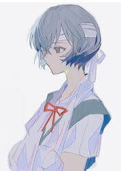  arm_sling ayanami_rei bandage_over_one_eye bandaged_head bandages blue_dress blue_hair closed_mouth commentary_request dress expressionless female grey_background highres neck_ribbon neon_genesis_evangelion nima_(nimamann) partial_commentary pinafore_dress profile purple_eyes red_ribbon ribbon school_uniform shirt short_hair short_sleeves simple_background sleeveless sleeveless_dress solo upper_body white_shirt 