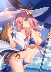  animal_ear_fluff animal_ears bare_shoulders beach_umbrella bikini blue_bikini blue_sky blush breasts cleavage closed_mouth ears_through_headwear fate/grand_order fate_(series) female fox_ears fox_girl fox_shadow_puppet fox_tail gogatsu_fukuin hair_between_eyes halterneck hat highres innertube large_breasts lens_flare long_hair looking_at_viewer navel ocean pink_hair side-tie_bikini_bottom sidelocks sky smile string_bikini sun_hat swim_ring swimsuit tail tamamo_(fate) tamamo_no_mae_(swimsuit_lancer)_(fate) tamamo_no_mae_(swimsuit_lancer)_(third_ascension)_(fate) thighs umbrella yellow_eyes 