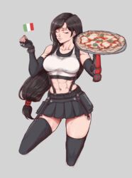  abs absurdres black_hair black_skirt breasts che_vuoi?_(italian_gesture) closed_eyes crop_top cropped_legs female final_fantasy final_fantasy_vii final_fantasy_vii_remake food food_focus grey_background highres italian_senate_porn_livestream_(meme) italy large_breasts long_hair margherita_pizza meme midriff miniskirt muscular muscular_female navel pizza simple_background skirt solo suspender_skirt suspenders tank_top thighhighs tifa_lockhart toned zauste666 