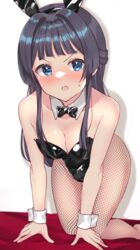  all_fours animal_ears black_bow black_bowtie black_hair black_leotard blue_eyes bow bowtie breasts cleavage commentary_request detached_collar female fishnet_pantyhose fishnets half_updo idolmaster idolmaster_million_live! leotard long_hair looking_at_viewer medium_breasts mogami_shizuka pantyhose playboy_bunny rabbit_ears shiitake_taishi solo strapless strapless_leotard wrist_cuffs 