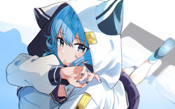  animal_costume bed black_nails blue_eyes blue_hair blush closed_mouth commentary_request female foot_up highres hololive hood hood_up hooded_jacket hoshimachi_suisei hoshimachi_suisei_(school_uniform) jacket long_sleeves looking_at_viewer lying nonbire official_alternate_costume on_stomach pillow puffy_long_sleeves puffy_sleeves purple_skirt shoes skirt socks solo virtual_youtuber white_jacket 