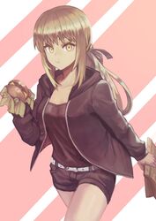  artoria_pendragon_(fate) bag belt belt_buckle blonde_hair breasts buckle burger commentary_request cowboy_shot denim denim_shorts eating fate/grand_order fate_(series) female food holding holding_bag holding_food hood hood_down hoodie jacket janoukyo19 long_hair long_sleeves looking_at_viewer medium_breasts official_alternate_costume pink_background ponytail saber_alter saber_alter_(ver._shinjuku_1999)_(fate) shorts solo striped striped_background white_background yellow_eyes 