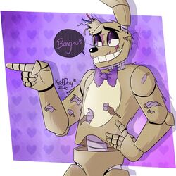  1:1 2020 animatronic anthro bedroom_eyes black_nose border bow_tie dialogue english_text exposed_endoskeleton finger_gun five_nights_at_freddy&#039;s five_nights_at_freddy&#039;s_3 fur gesture half-closed_eyes half-length_portrait hand_gesture hand_on_hip heart_symbol katdaykatz lagomorph leporid long_ears machine male mammal metal metallic metallic_body multicolored_body multicolored_fur narrowed_eyes notched_ear pointing portrait purple_background purple_eyes rabbit raised_arm robot scar scottgames seductive simple_background smile smug solo speech_bubble springtrap_(fnaf) standing tan_body tan_fur teeth text torn_body two_tone_body two_tone_fur white_border wire 