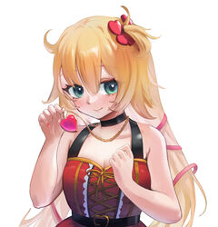  akai_haato akai_haato_(gothic_lolita) aqua_eyes blonde_hair blush breasts cleavage clenched_hand collar collarbone commentary dress english_commentary eyelashes female grenouilll hair_ornament hair_ribbon heart heart_hair_ornament heart_in_eye highres hololive jewelry locket long_hair looking_at_viewer medium_breasts official_alternate_costume one_side_up pendant red_dress red_nails ribbon simple_background smile solo symbol_in_eye upper_body virtual_youtuber white_background 