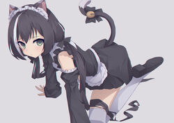  all_fours animal_ears apron ass bell black_hair cat_ears cat_tail detached_sleeves female green_eyes karyl_(princess_connect!) low_twintails maid maid_apron maid_dress maid_headdress multicolored_hair princess_connect! princess_connect!_re:dive shoes sidelocks streaked_hair tail tail_bell thighhighs twintails white_background white_legwear zettai_ryouiki zuchineru 