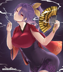  amisu female folding_fan hair_ribbon hand_fan high_ponytail holding holding_fan japanese_clothes kiseru komakusa_sannyo long_hair long_sleeves looking_at_viewer parted_bangs parted_lips ponytail purple_background purple_hair purple_skirt red_eyes red_shirt ribbon shirt simple_background skirt smile smoke smoking_pipe solo standing tassel touhou touhou_unreal_mahjong upper_body vine_print wide_sleeves yellow_ribbon 