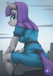  2021 anthro anthrofied ass bangs clothing digital_media_(artwork) earth_pony equid equine eyeshadow female friendship_is_magic green_eyes grey_body grey_skin hair hasbro hi_res horse long_hair looking_back looking_down makeup mammal maud_pie_(mlp) my_little_pony mysticalpha pony purple_eyeshadow purple_hair purple_tail rock signature sitting solo tail 