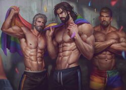  3boys abs aenaluck artist_name audec_(aenaluck) bara beard black_hair black_pants carlnes_(aenaluck) chest_hair closed_mouth confetti crossed_arms facial_hair flag grey_hair holding holding_flag large_pectorals lgbt_pride looking_at_another male_focus master_(aenaluck) multiple_boys muscular muscular_male navel nipples original pants pectorals pride_month rainbow_print short_hair shorts smile teeth topless_male 