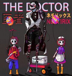  2boys backpack bag balloon balloon_boy_(fnaf) bandaged_leg bandages black_hair blood bloody_bandages box brown_hair container cyborg doctor female five_nights_at_freddy&#039;s five_nights_at_freddy&#039;s_2 gun hat heart holding_heart holster humanization instrument jj_(fnaf) lolicon mask mechanical_arm mechanical_legs mouth_mask multiple_boys neytirix nurse nurse_cap organ short_hair surgical_mask the_puppet_(fnaf) weapon wheelbarrow 