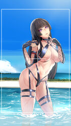  absurdres azur_lane bare_shoulders bikini black_hair blue_sky blunt_bangs breasts cleavage dead_or_alive dead_or_alive_xtreme detached_sleeves female finger_to_mouth fingerless_gloves fishnet_sleeves fishnets gloves head_tilt highres index_finger_raised large_breasts looking_at_viewer midriff mole mole_under_mouth navel nyotengu nyotengu_(scarlet-tinged_hot_spring_vacation)_(doa) o-ring o-ring_bikini official_alternate_costume parted_lips photo_shoot pool purple_eyes revealing_clothes sky solo swimsuit thick_thighs thigh_strap thighs tierla wet wide_hips 