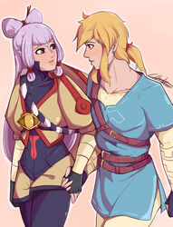  1boy black_gloves blonde_hair blue_bodysuit blue_eyes blue_shirt blush bodysuit bodysuit_under_clothes brown_eyes champion&#039;s_tunic_(zelda) charlyarts commentary earrings english_commentary eye_contact facial_mark female fingerless_gloves forehead_mark gloves hat_on_back highres holding_hands hyrule_warriors:_age_of_calamity impa jewelry link lips looking_at_another pointy_ears sheikah shirt shorts the_legend_of_zelda the_legend_of_zelda:_breath_of_the_wild white_hair 