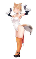  alternate_costume animal_ear_fluff animal_ears armpits arms_up bare_shoulders beleven black_hair breasts brown_hair claw_pose closed_mouth detached_sleeves embarrassed extra_ears female fox_ears fox_girl fox_tail frilled_sleeves frills full_body furrowed_brow gloves green_eyes high_heels highres kemono_friends leotard light_blush light_brown_hair looking_to_the_side medium_breasts medium_hair multicolored_hair over-kneehighs paid_reward_available shoes sidelocks simple_background solo standing strapless strapless_leotard tail thighhighs tibetan_fox_(kemono_friends) white_background white_hair white_leotard 