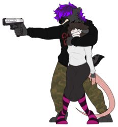  aiming alpha_channel american_opossum anthro bottomwear camo camo_bottomwear camo_clothing camo_print clenched_teeth clothed clothing digital_media_(artwork) duo female footwear gun gynomorph_(lore) hair hair_over_eye hair_over_eyes handgun head_lock heckler_and_koch hi_res holding_gun holding_handgun holding_object holding_pistol holding_ranged_weapon holding_weapon hostage human_shield hyena knock-kneed legwear long_skirt male male/female mammal marsupial mary_(marynonbinary) one_eye_obstructed panicking pattern_bottomwear pattern_clothing pattern_footwear pattern_legwear pattern_socks piercing pistol purple_hair ranged_weapon ribr0t scared skirt socks spotted_hyena standing striped_clothing striped_footwear striped_socks stripes teeth topwear trans_(lore) trans_woman_(lore) unnamed_character usp virginia_opossum weapon 