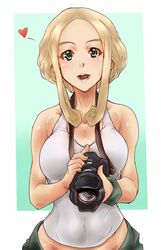  blonde_hair blush border breasts camera commentary_request eyelashes female green_background green_eyes green_wristband grey_tank_top heart highres holding holding_camera looking_at_viewer open_mouth outside_border pokemon pokemon_xy short_hair_with_long_locks smile solo suzuki_no_m tank_top teeth tongue viola_(pokemon) white_border wristband 