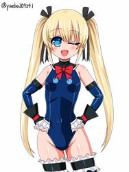  ;d black_gloves black_ribbon blonde_hair blue_eyes blue_one-piece_swimsuit breasts dead_or_alive dead_or_alive_5 elbow_gloves female frilled_one-piece_swimsuit frilled_thighhighs frills gloves hair_ornament hair_ribbon hands_on_own_hips looking_at_viewer marie_rose marie_rose_(devilish_servant_against_the_splashing_waves) one-piece_swimsuit one_eye_closed open_mouth ribbon simple_background small_breasts smile solo standing straight-on swimsuit thighhighs twintails twitter_username white_background x_hair_ornament yaeba 