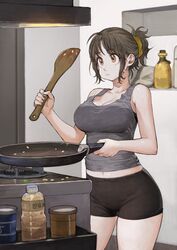  bare_arms bare_shoulders black_hair black_legwear black_shorts breasts brown_eyes chewing cleavage commentary cooking eating female food frying_pan full_stomach glutton grey_shirt hair_ornament hair_scrunchie highres holding holding_frying_pan holding_spatula indoors jun_(navigavi) kitchen large_breasts navel original ponytail scrunchie shirt short_hair short_ponytail short_shorts shorts solo spatula standing tank_top thighs you&#039;re_doing_it_wrong 