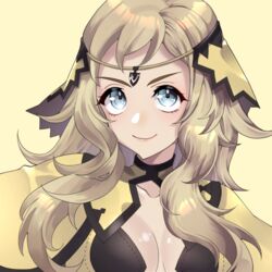  blonde_hair breasts cape circlet closed_mouth collarbone commission commissioner_upload female fire_emblem fire_emblem_fates grey_eyes hair_ornament long_hair looking_at_viewer masoramashiro medium_breasts ophelia_(fire_emblem) solo turtleneck upper_body yellow_background 