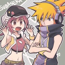  1boy brown_eyes commentary_request crop_top crossed_arms eyebrows_hidden_by_hair female frown groin hat headphones hood hoodie jewelry midriff misaki_shiki navel necklace open_mouth orange_hair pink_hair purple_eyes sakuraba_neku signature subarashiki_kono_sekai sweatdrop tsunoji 