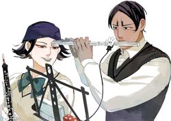  1boy black_eyes black_hair blue_headband brown_vest commentary_request dark-skinned_male dark_skin female flute golden_kamuy grey_lips headband higashino highres inkarmat instrument koito_otonoshin long_sleeves looking_at_another music music_stand oboe playing_instrument red_eyes short_hair sweater_vest vest 