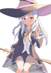  absurdres black_jacket black_skirt braid broom broom_riding elaina_(majo_no_tabitabi) female gong_zi hat highres jacket long_hair looking_at_viewer majo_no_tabitabi purple_eyes shirt simple_background single_braid skirt solo white_background white_hair white_shirt witch_hat 